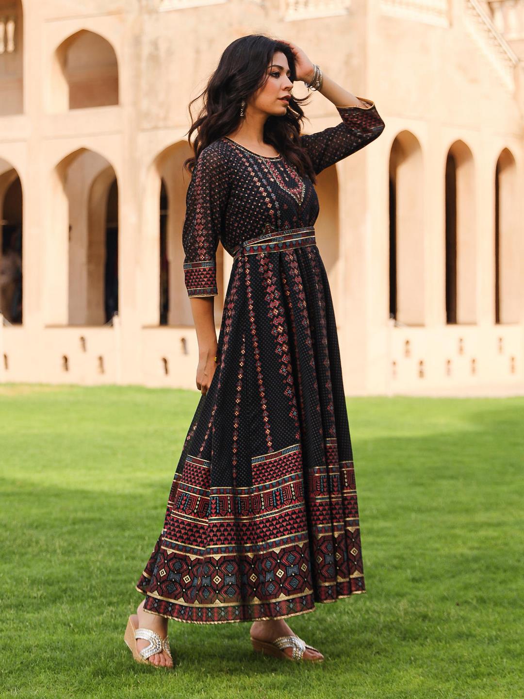 The Mahautsavam Black Ethnic Motif Printed Georgette Dress With Sequins & Beads - Image 2