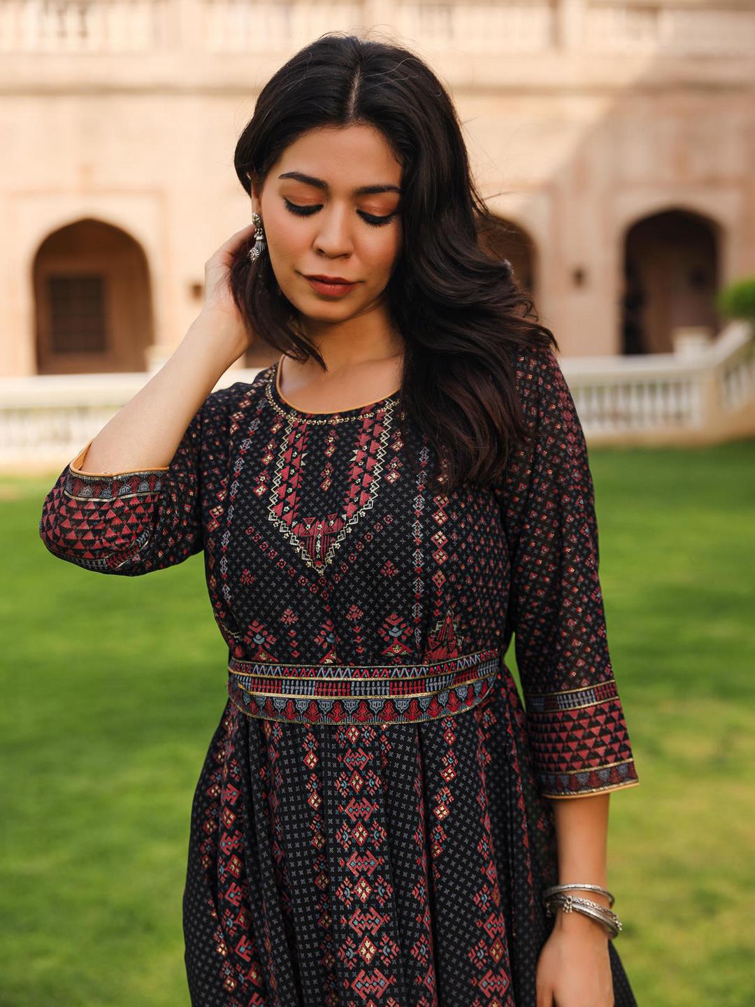 The Mahautsavam Black Ethnic Motif Printed Georgette Dress With Sequins & Beads - Image 3
