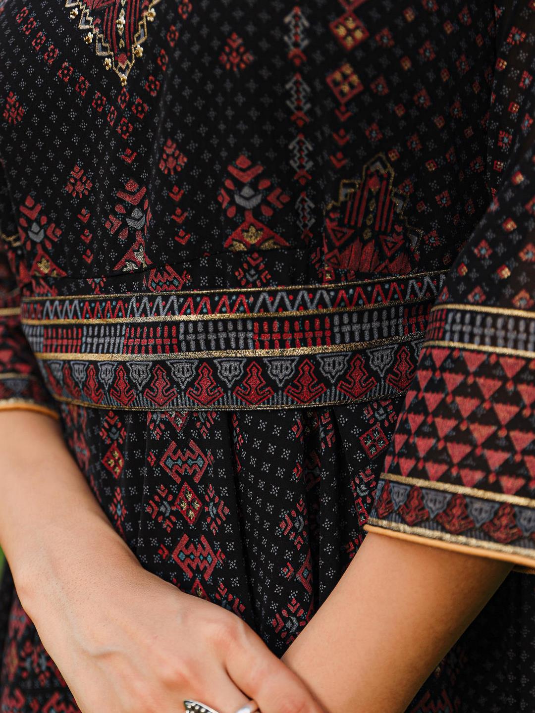 The Mahautsavam Black Ethnic Motif Printed Georgette Dress With Sequins & Beads - Image 4