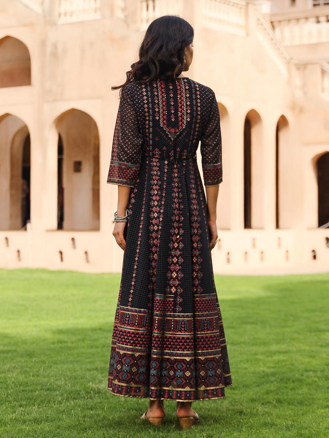 The Mahautsavam Black Ethnic Motif Printed Georgette Dress With Sequins & Beads - Image 5