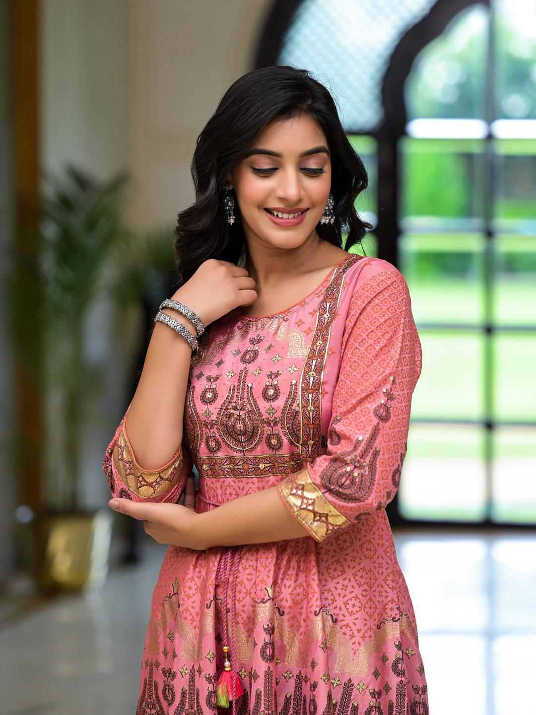 Onion Pink Santoon Printed Fit & Flare Maxi Dress With Beads & Dori On Waist - Image 2