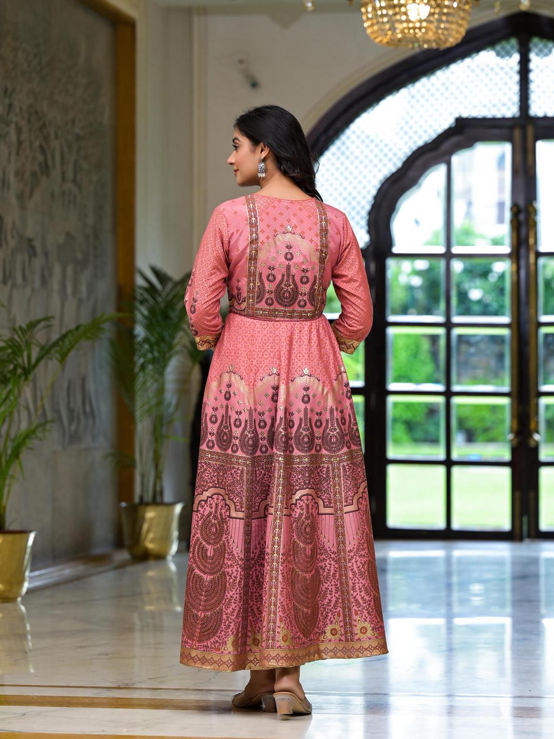 Onion Pink Santoon Printed Fit & Flare Maxi Dress With Beads & Dori On Waist - Image 3