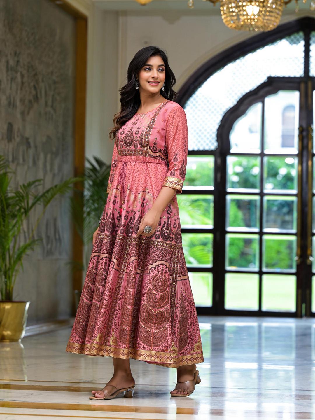 Onion Pink Santoon Printed Fit & Flare Maxi Dress With Beads & Dori On Waist - Image 4