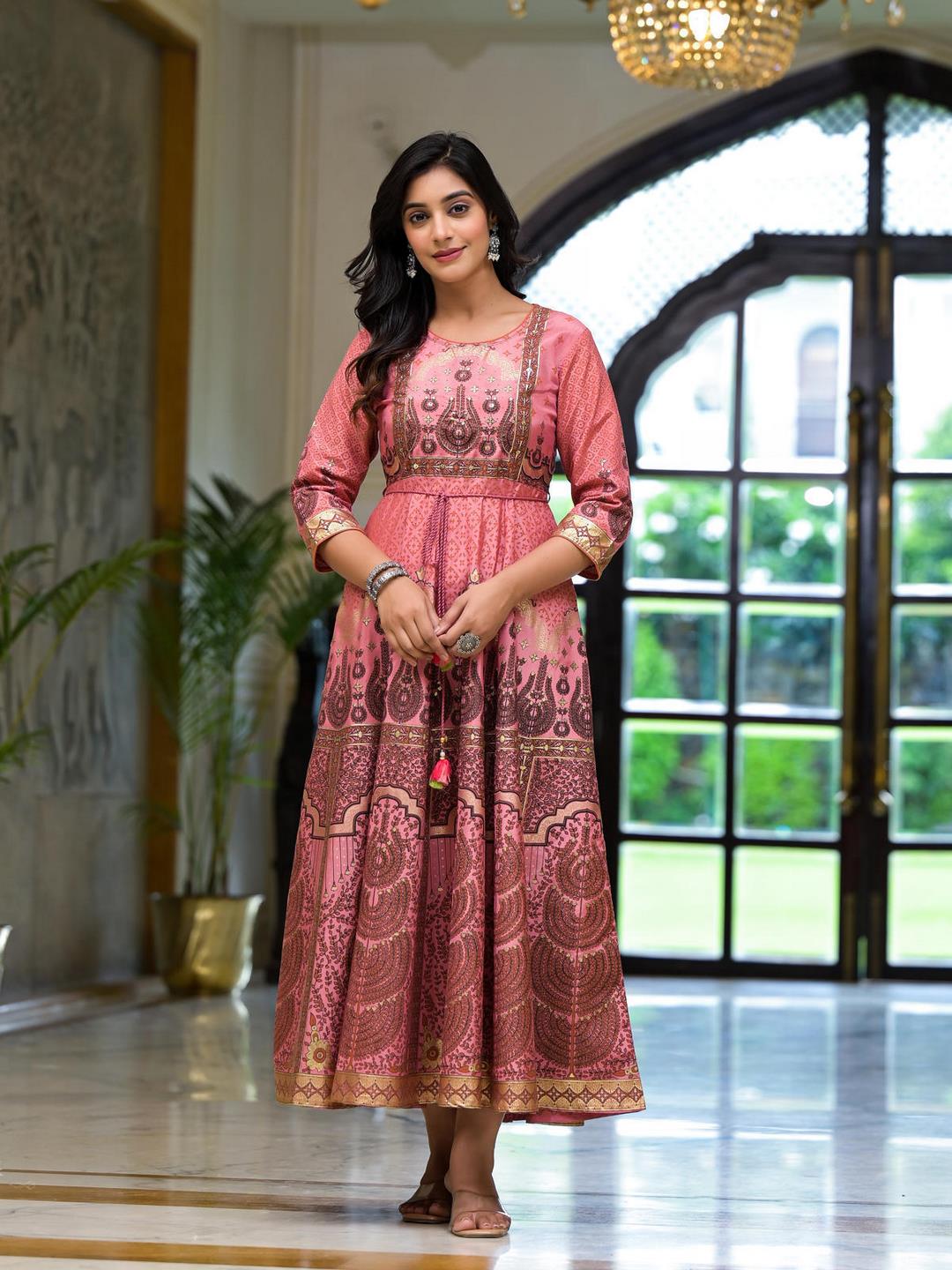 Onion Pink Santoon Printed Fit & Flare Maxi Dress With Beads & Dori On Waist - Image 5