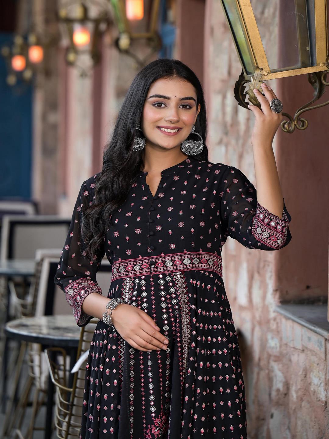 Black Ethnic Motif Printed Georgette A-Line Dress With Mirror Work & Sequins - Image 2