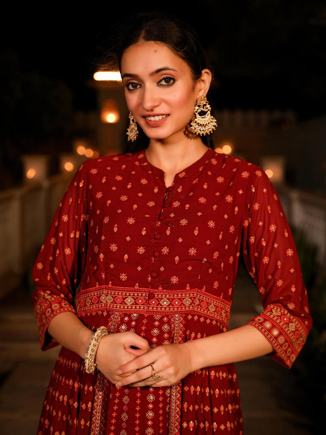 The Mahautsawam Maroon Ethnic Motif Printed Georgette Dress With Thread & Mirror Work - Image 2