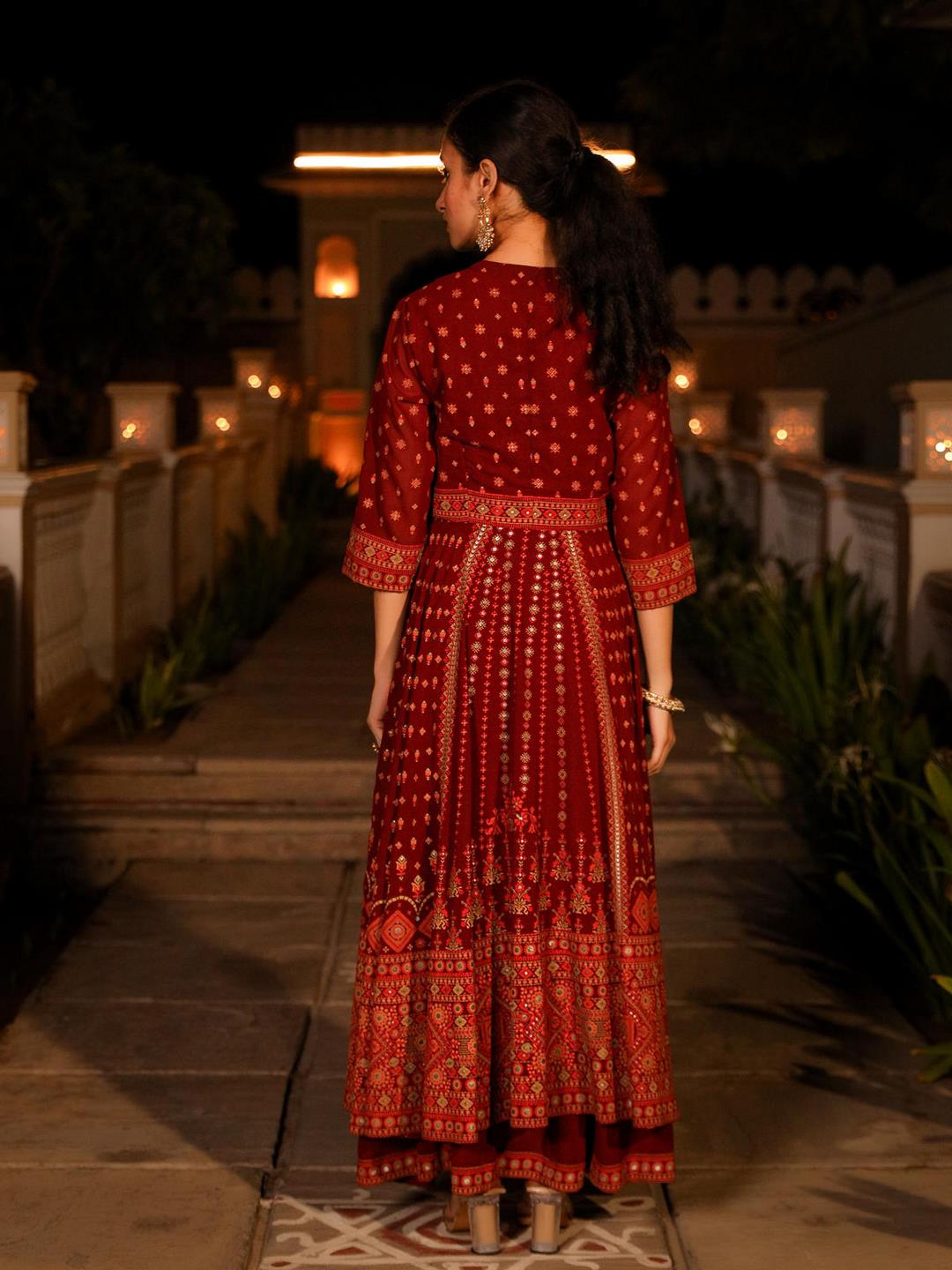 The Mahautsawam Maroon Ethnic Motif Printed Georgette Dress With Thread & Mirror Work - Image 3
