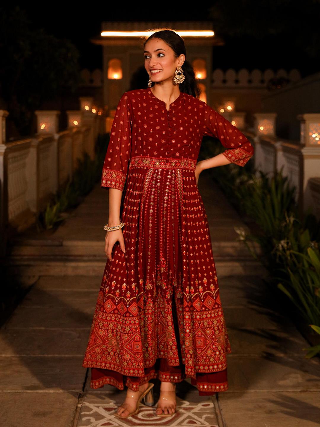 The Mahautsawam Maroon Ethnic Motif Printed Georgette Dress With Thread & Mirror Work - Image 4