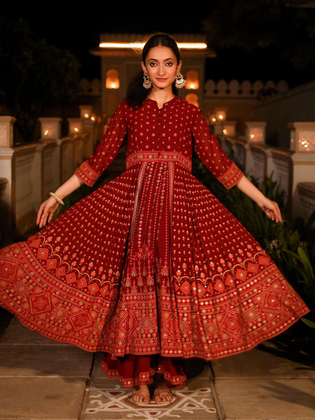 The Mahautsawam Maroon Ethnic Motif Printed Georgette Dress With Thread & Mirror Work - Image 5