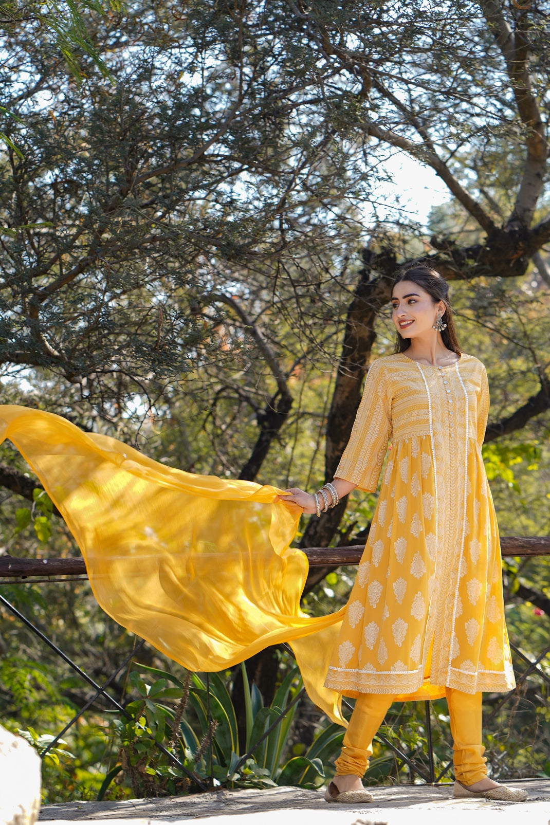 Yellow Georgette Printed Flared Kurta Churidar Dupatta - Image 2