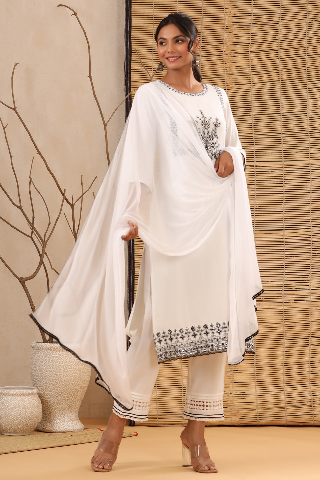 Women`s White Rayon Lurex Embroidered Straight Kurta Sets - Image 3