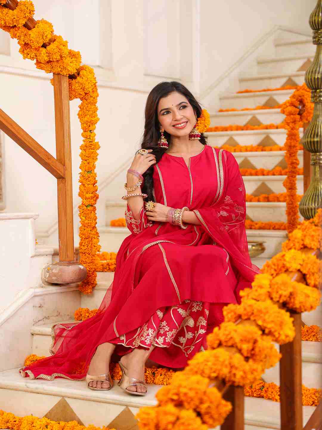 Fuchsia Chanderi Gota Patti Kurta, Palazzo & Dupatta Set - Image 4