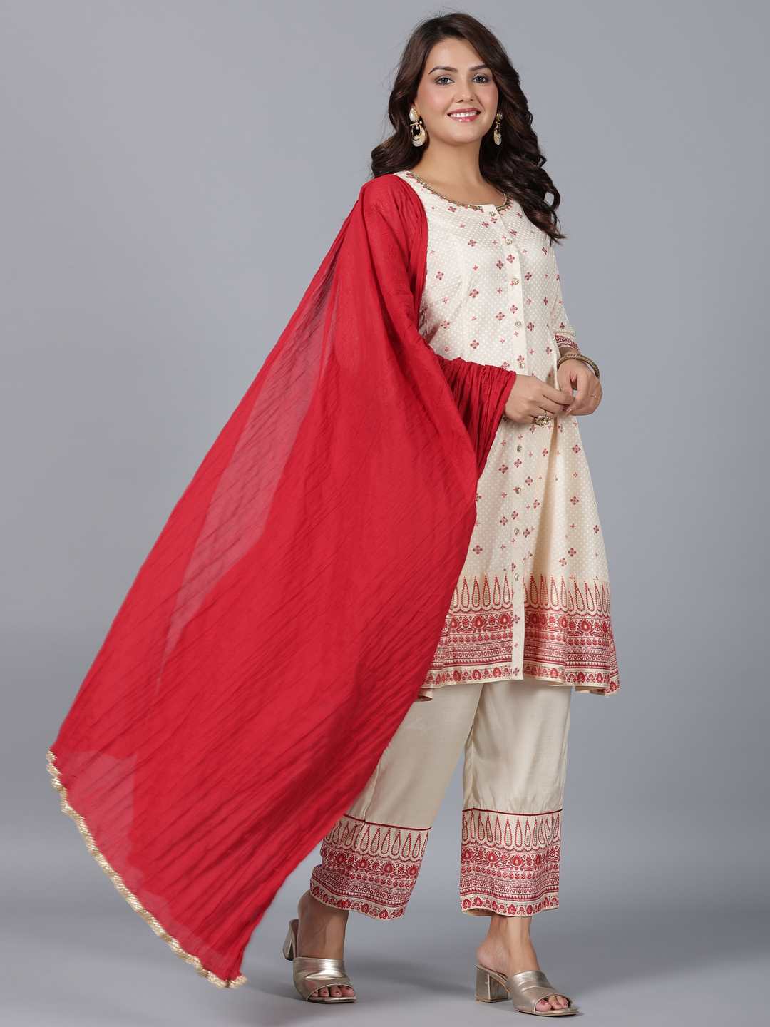 Beige Viscose Shantoon Printed Kurta, Pants & Dupatta Set - Image 4