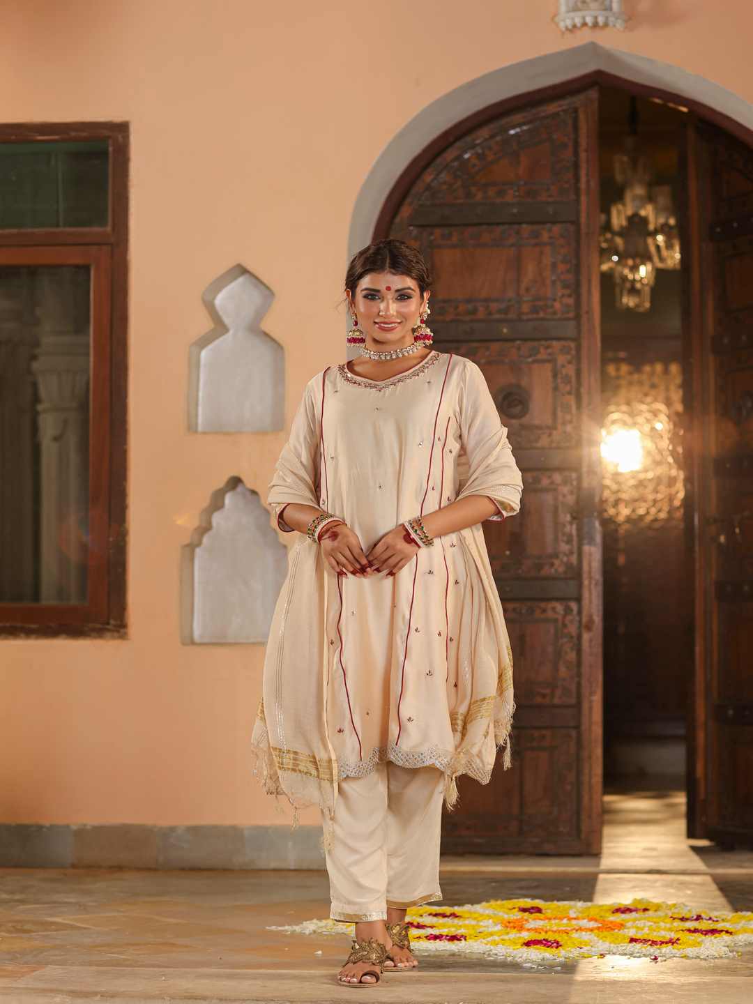 Beige Chanderi Embroidered Kurta, Pants & Dupatta Set - Image 10