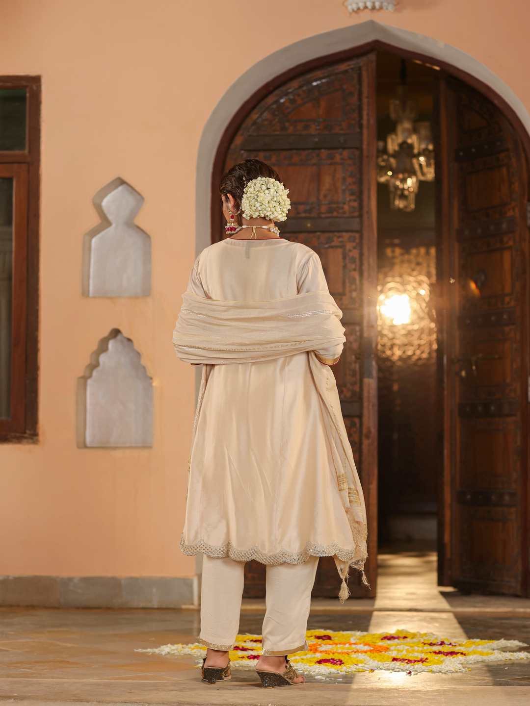 Beige Chanderi Embroidered Kurta, Pants & Dupatta Set - Image 2
