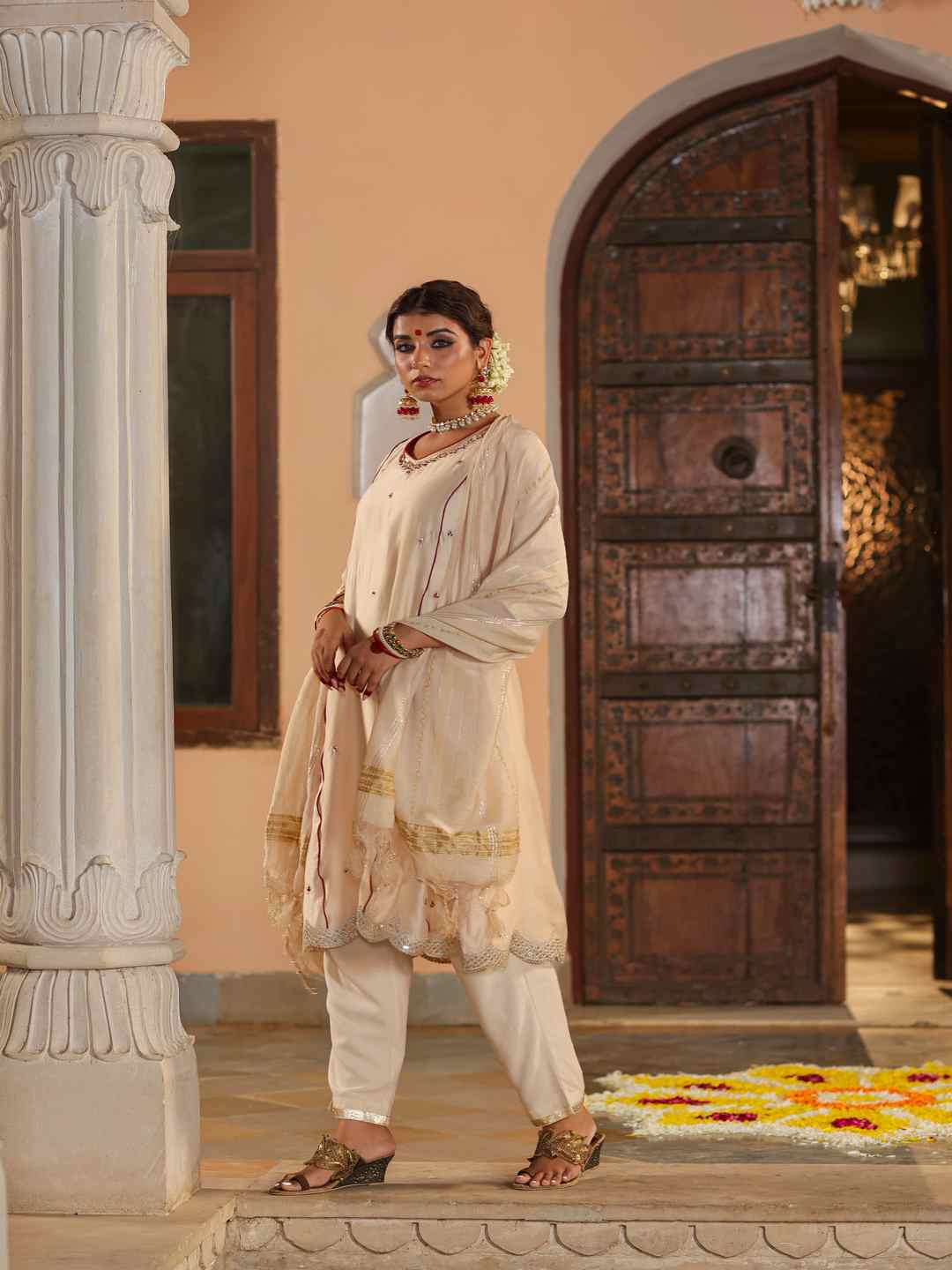 Beige Chanderi Embroidered Kurta, Pants & Dupatta Set - Image 3