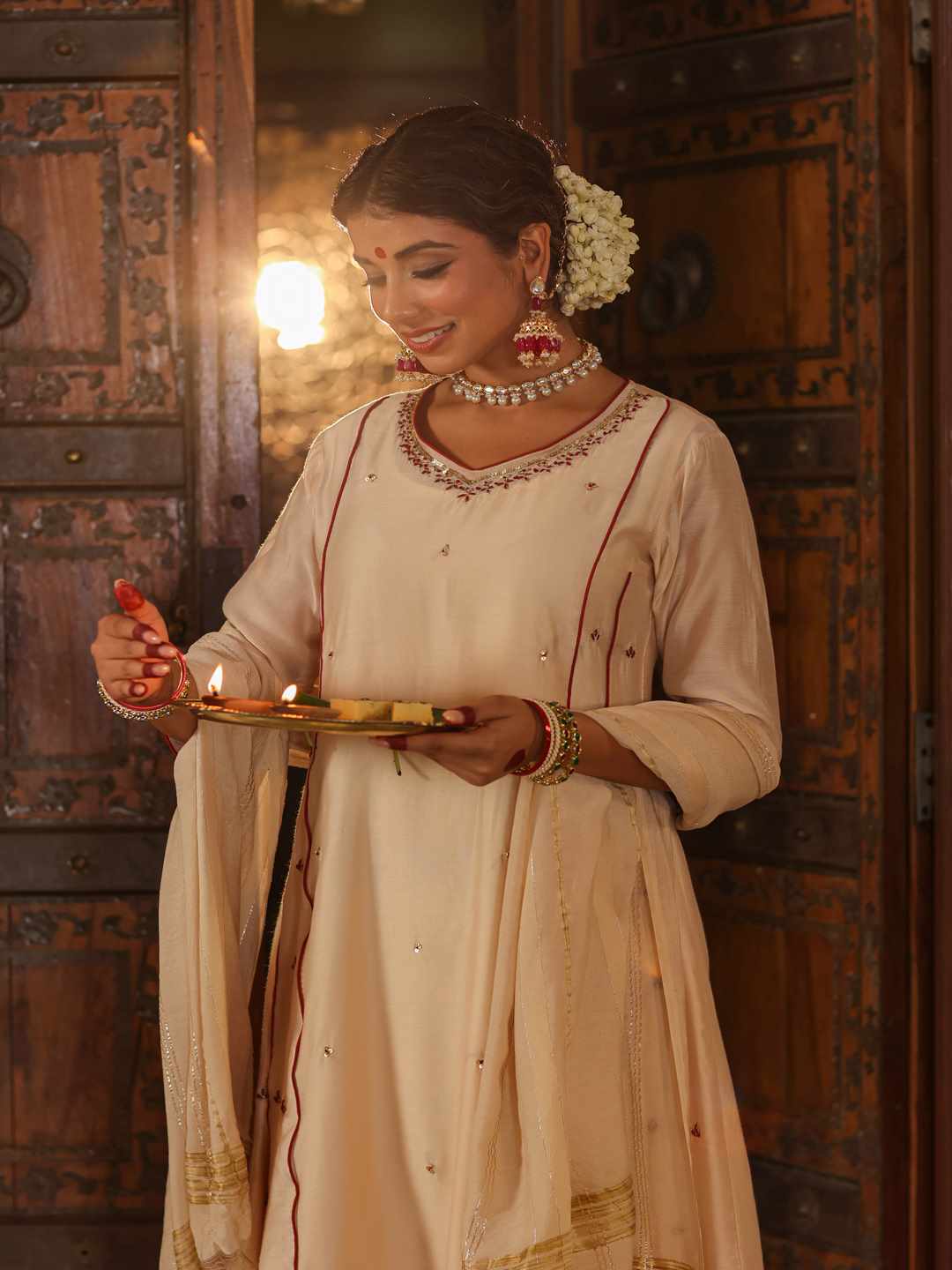 Beige Chanderi Embroidered Kurta, Pants & Dupatta Set - Image 8