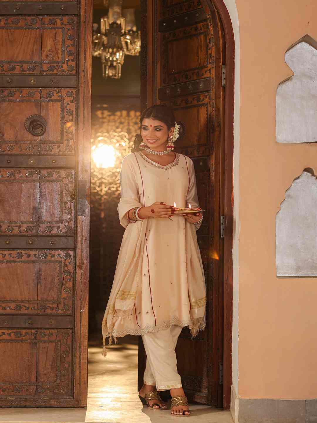 Beige Chanderi Embroidered Kurta, Pants & Dupatta Set - Image 6