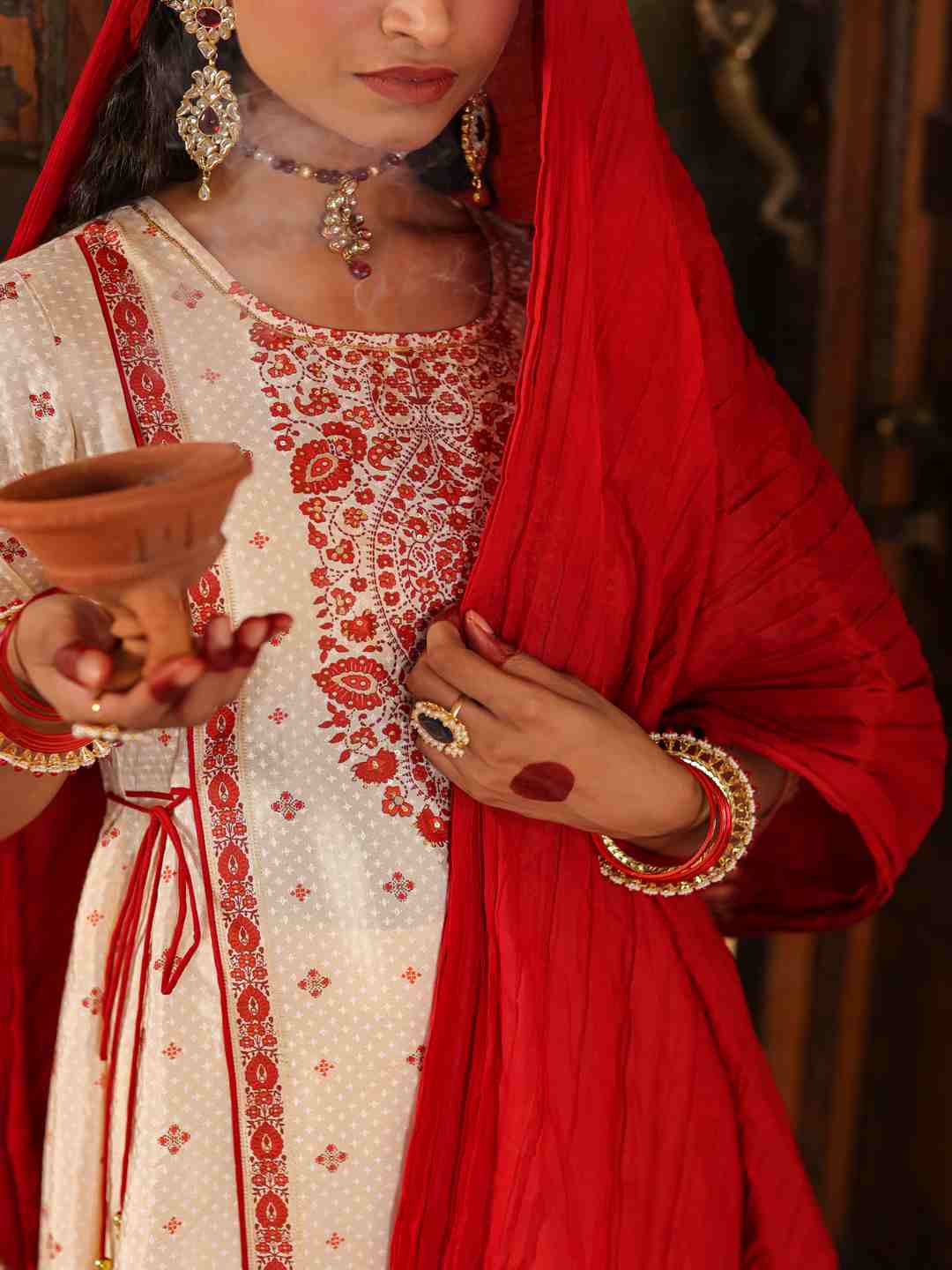 Beige Viscose Shantoon Printed Kurta, Pants & Dupatta Set - Image 12