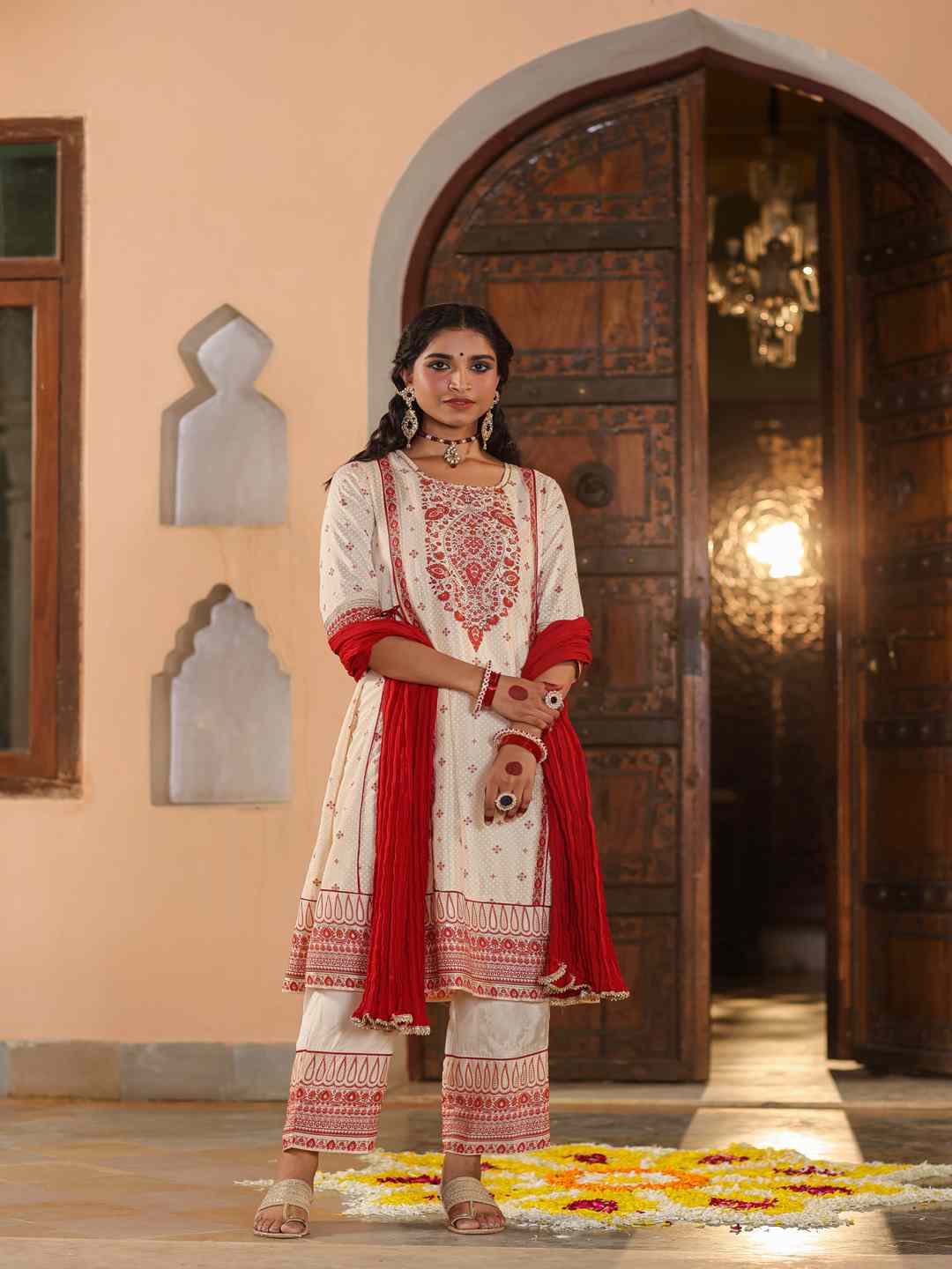 Beige Viscose Shantoon Printed Kurta, Pants & Dupatta Set - Image 10