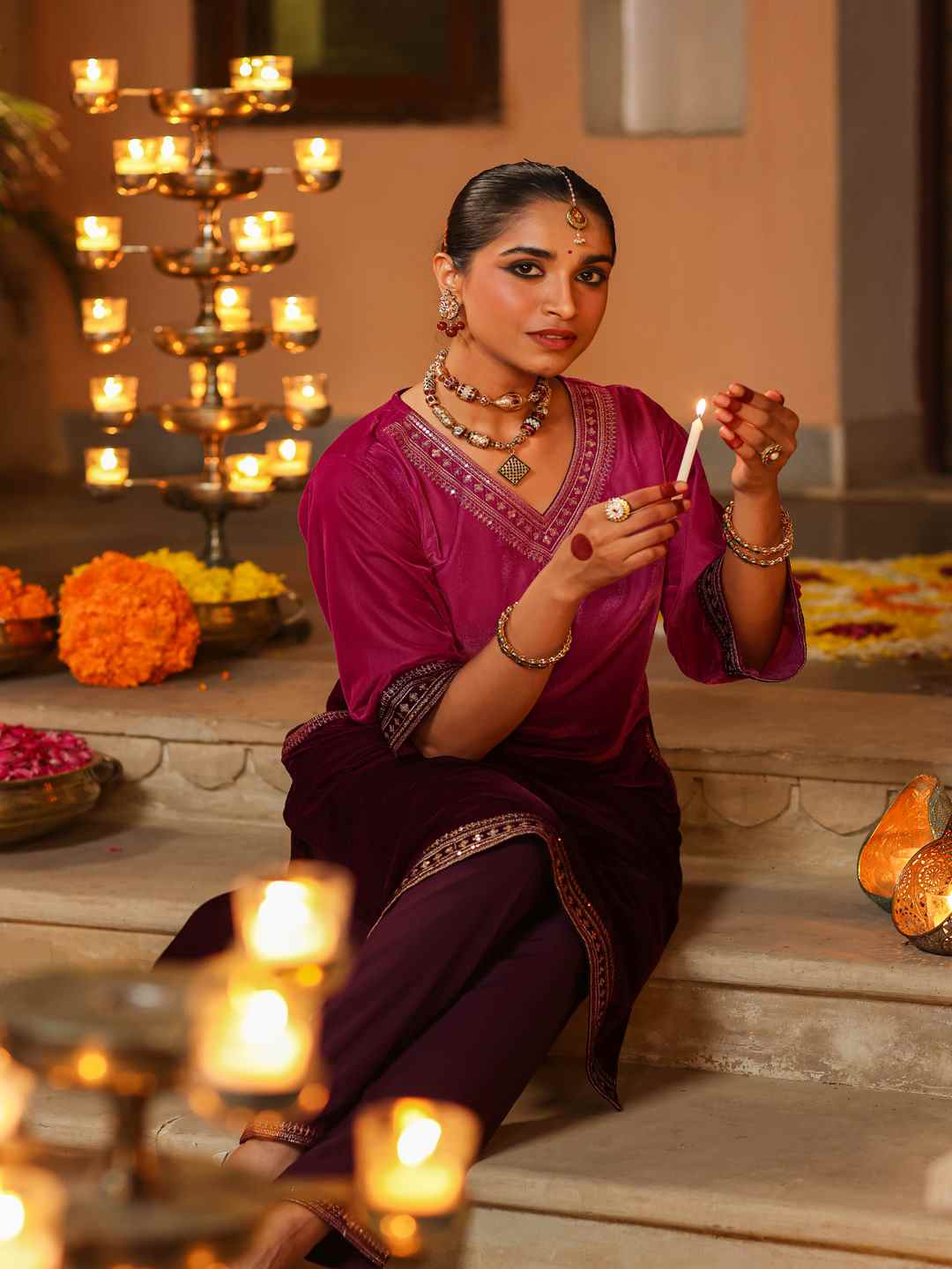 Purple Velvet Embroidered Kurta & Pants Set - Image 5