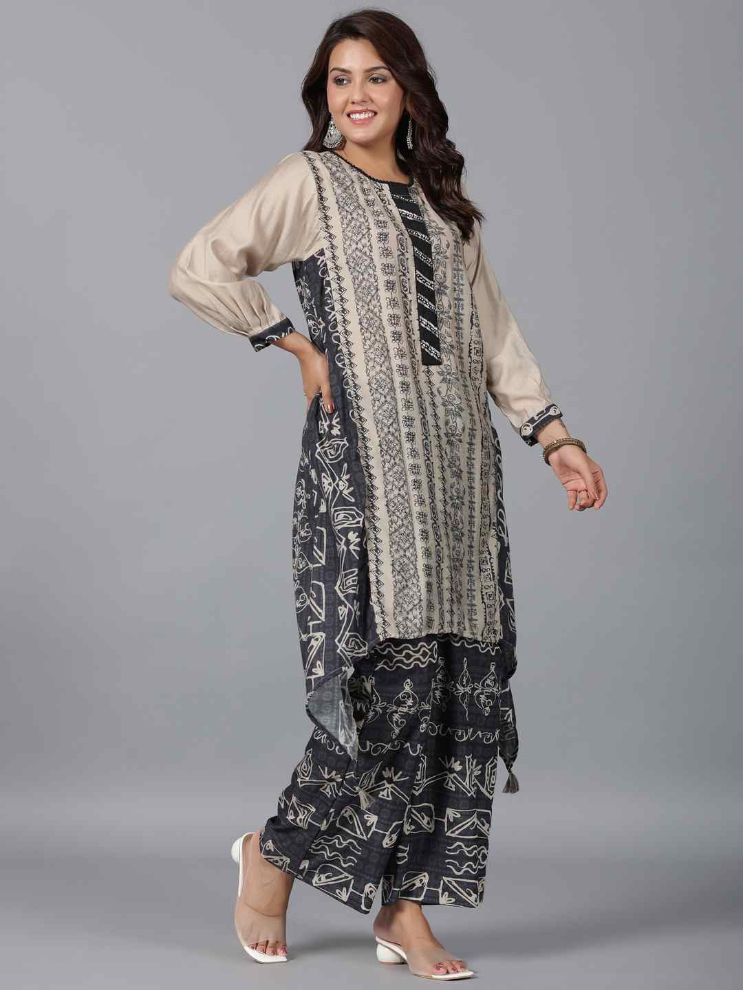 Beige Muslin Printed Kurta & Pants Set - Image 3