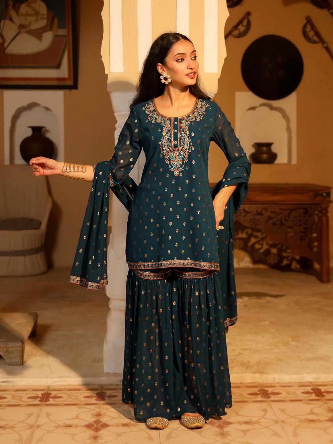 The Swarn Teal Ethnic Motif Printed Georgette Kurta Pant And Dupatta With Sequins & Zari Work - Image 2