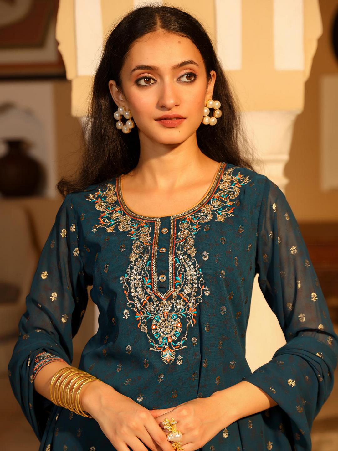 The Swarn Teal Ethnic Motif Printed Georgette Kurta Pant And Dupatta With Sequins & Zari Work - Image 3