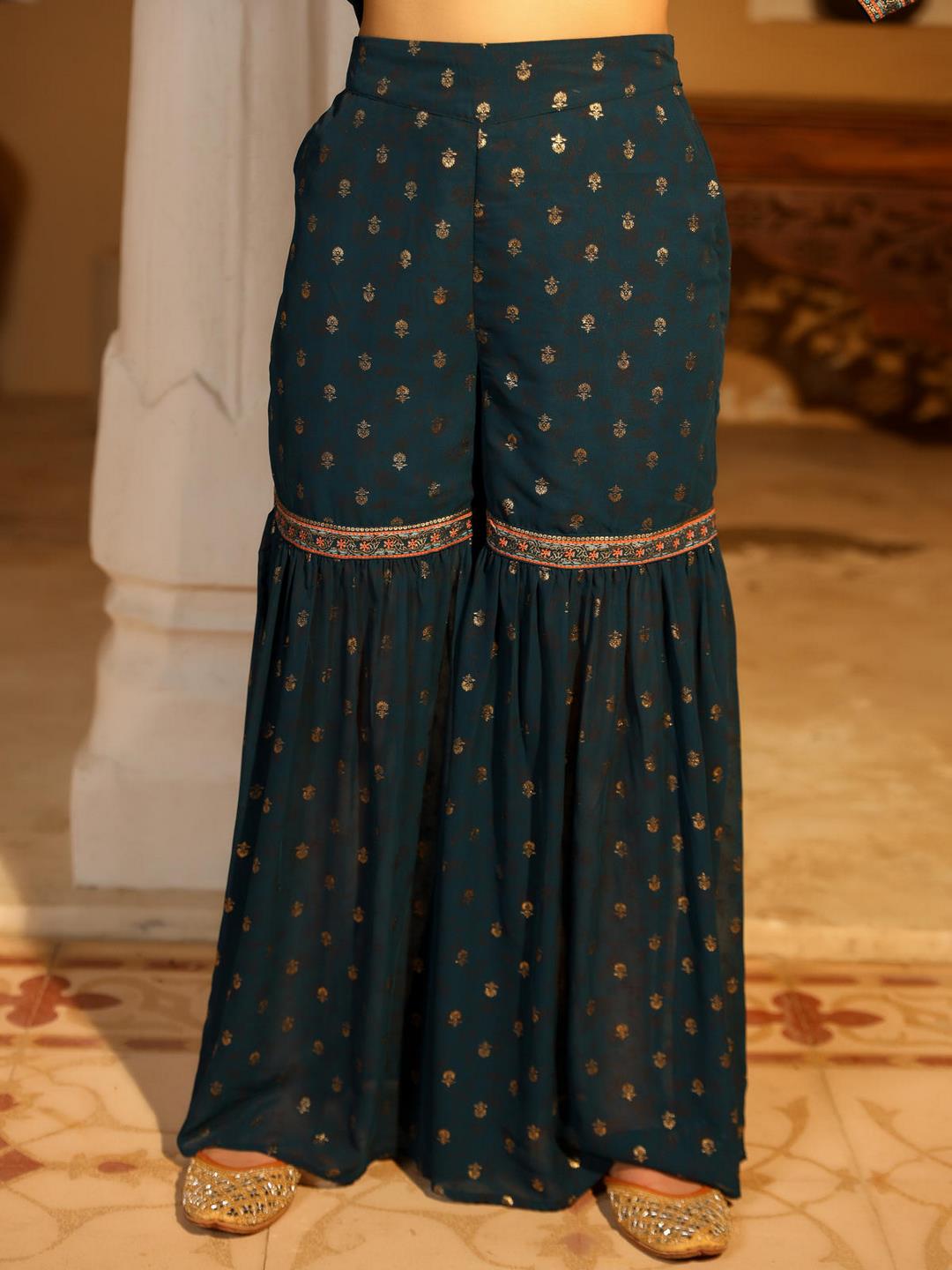 The Swarn Teal Ethnic Motif Printed Georgette Kurta Pant And Dupatta With Sequins & Zari Work - Image 4