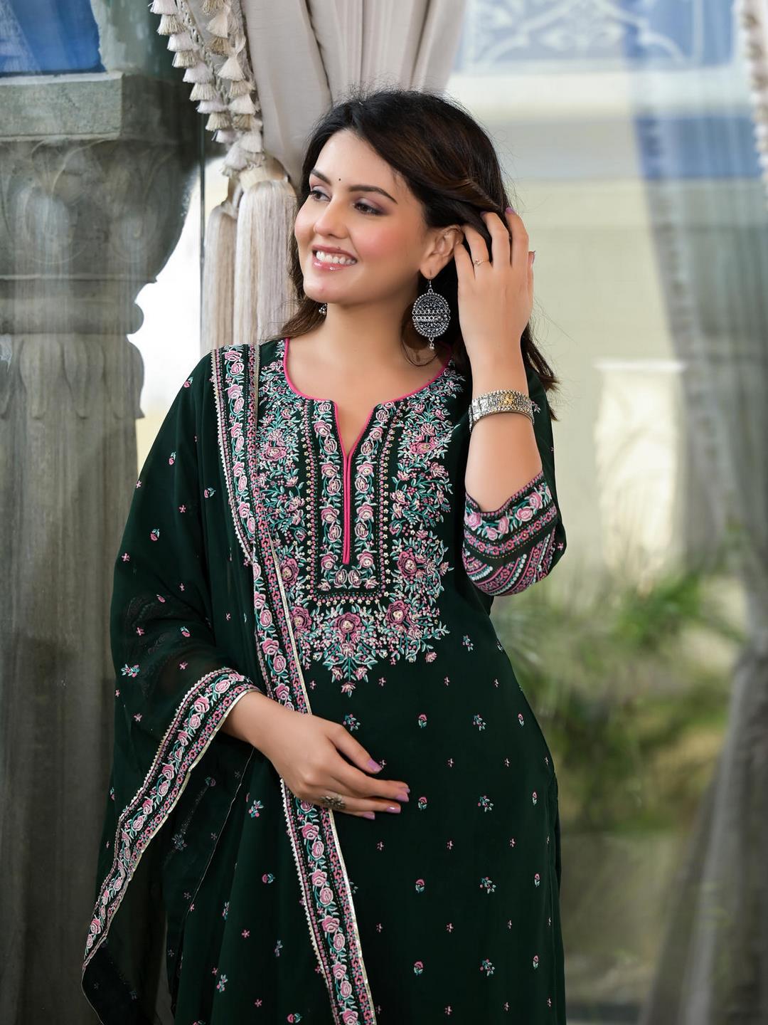 Green Floral Printed Georgette Kurta Sharara & Dupatta Set With Sequins - Image 3
