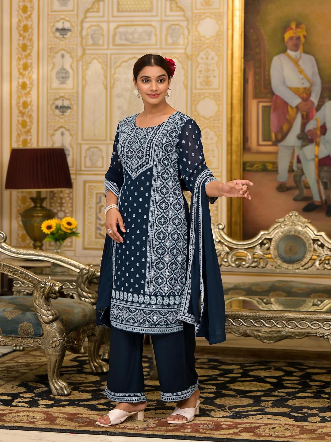 Navy Ethnic Motif Printed Georgette Kurta Pant And Dupatta Set With Sequins & Beads - Image 2