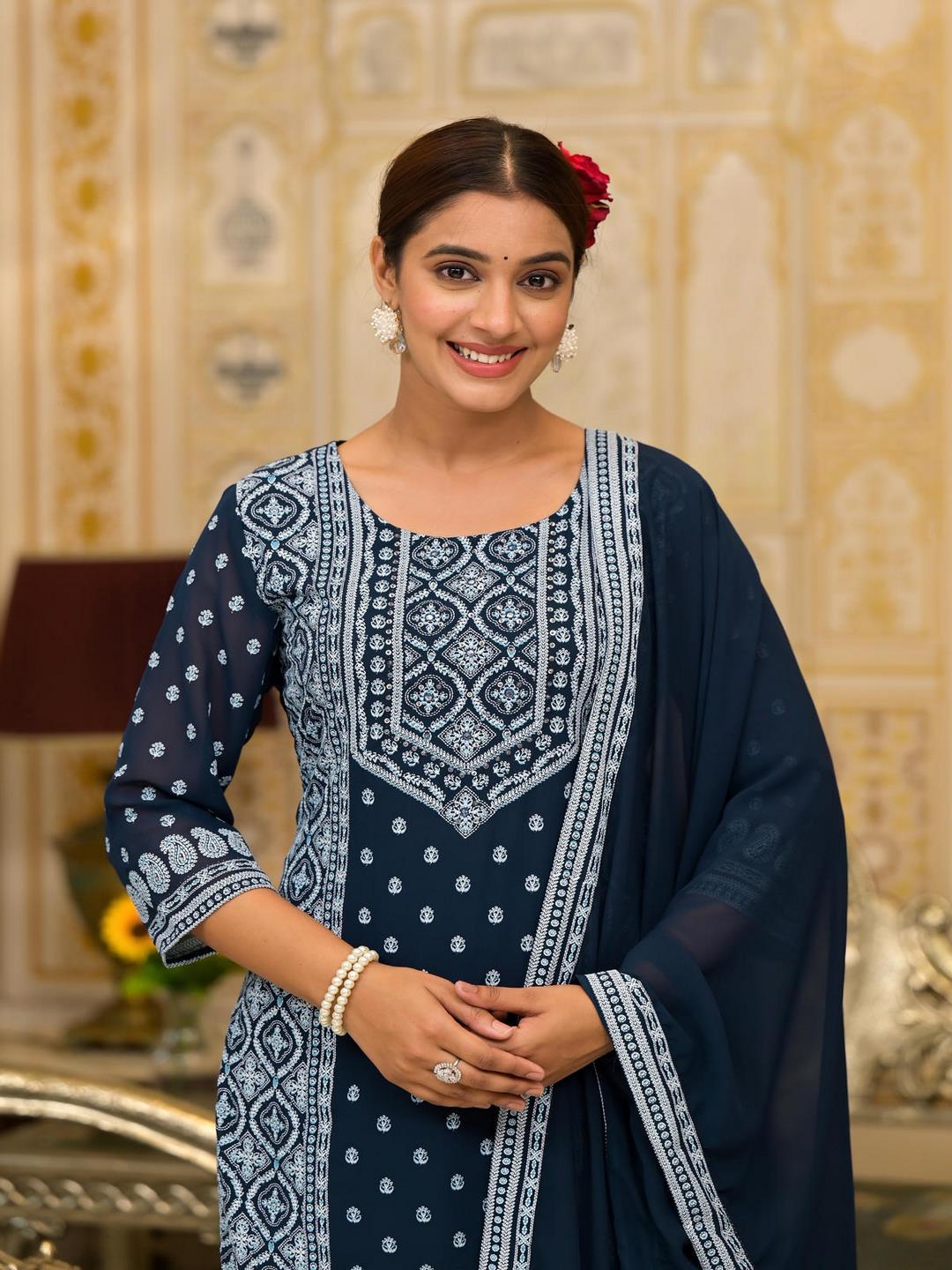 Navy Ethnic Motif Printed Georgette Kurta Pant And Dupatta Set With Sequins & Beads - Image 3