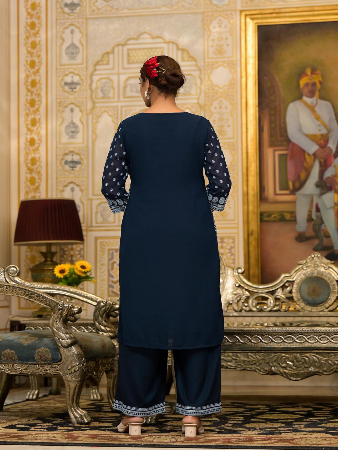 Navy Ethnic Motif Printed Georgette Kurta Pant And Dupatta Set With Sequins & Beads - Image 4