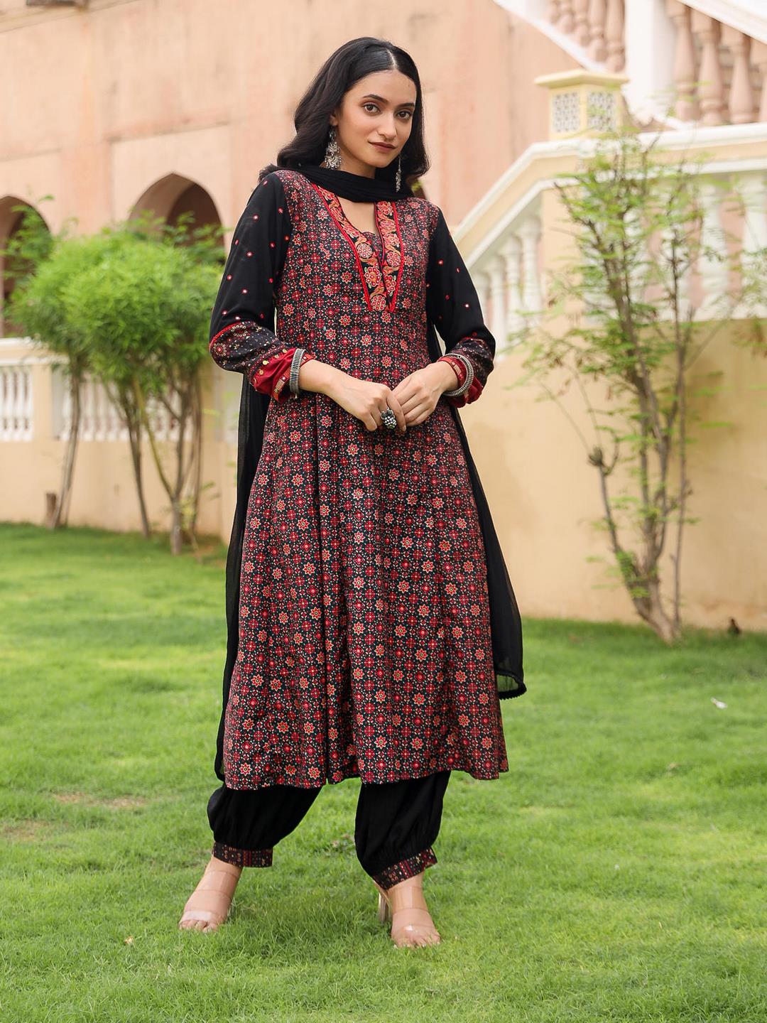 The Mahautsavam Black Ethnic Motif Printed Muslin Kurta Pant And Dupatta With Thread & Mirror Work - Image 2