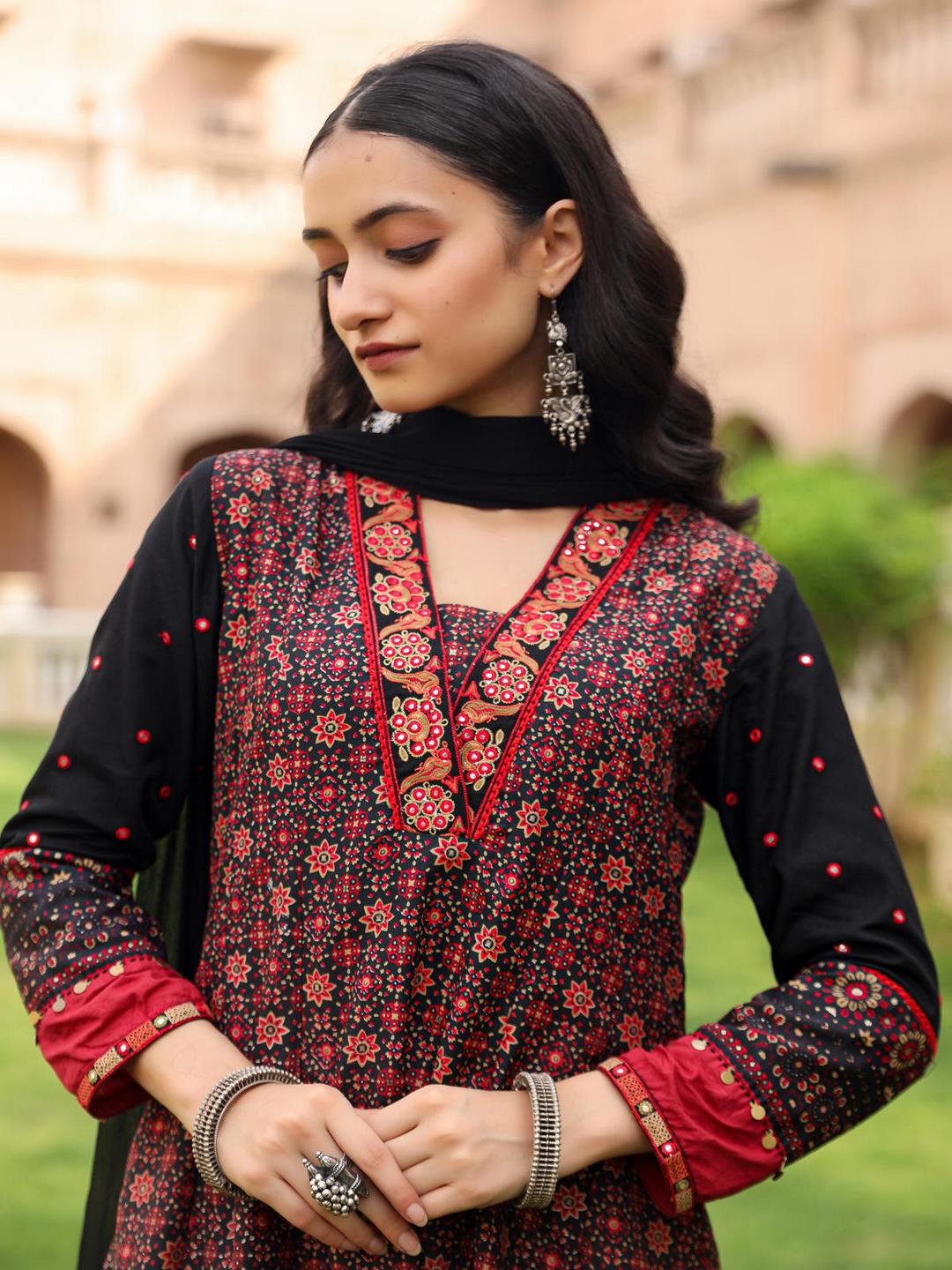 The Mahautsavam Black Ethnic Motif Printed Muslin Kurta Pant And Dupatta With Thread & Mirror Work - Image 5