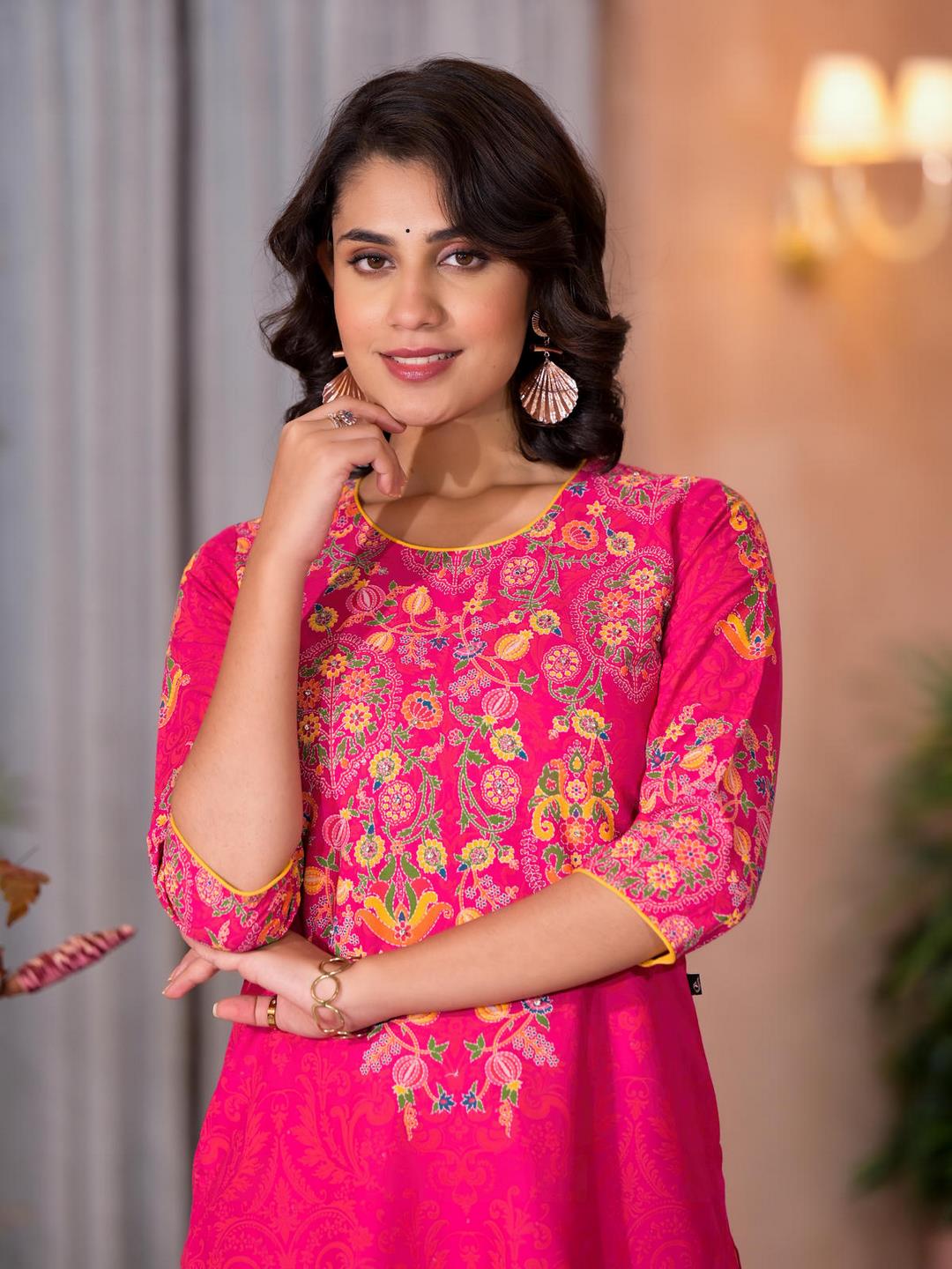 Pink Thread Embroidered Liva Rayon Kurta Pant And Dupatta Set With Sequins Beads & Lace - Image 2