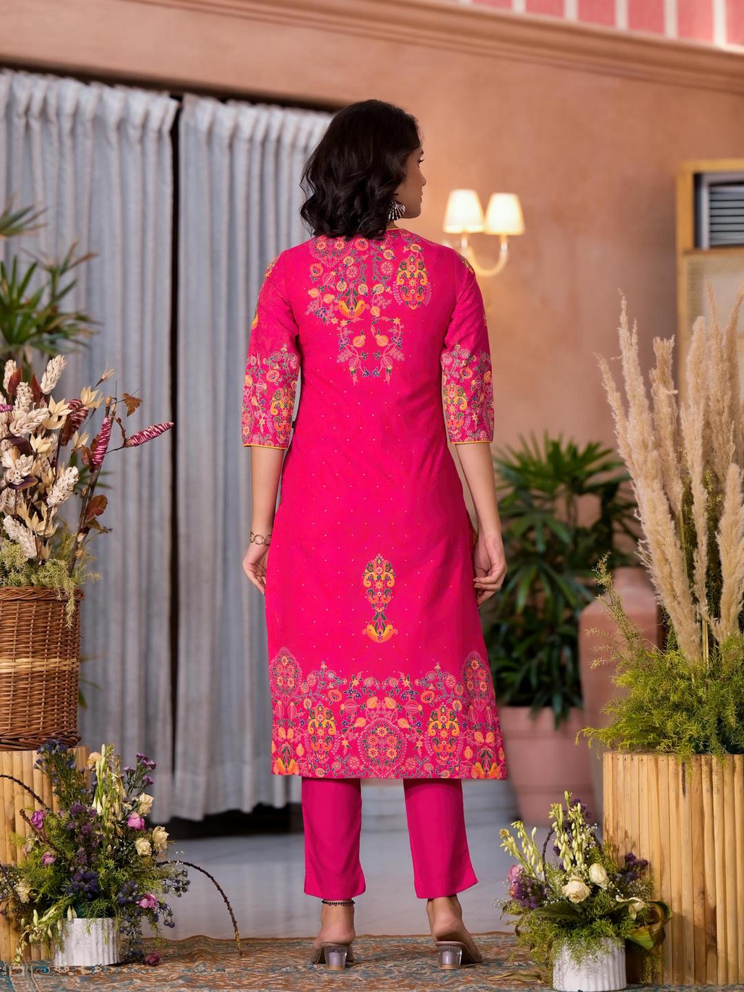 Pink Thread Embroidered Liva Rayon Kurta Pant And Dupatta Set With Sequins Beads & Lace - Image 3