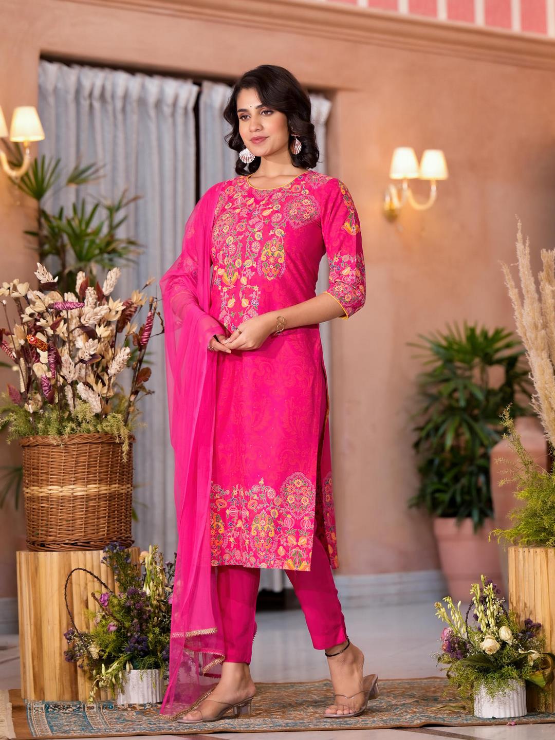 Pink Thread Embroidered Liva Rayon Kurta Pant And Dupatta Set With Sequins Beads & Lace - Image 4