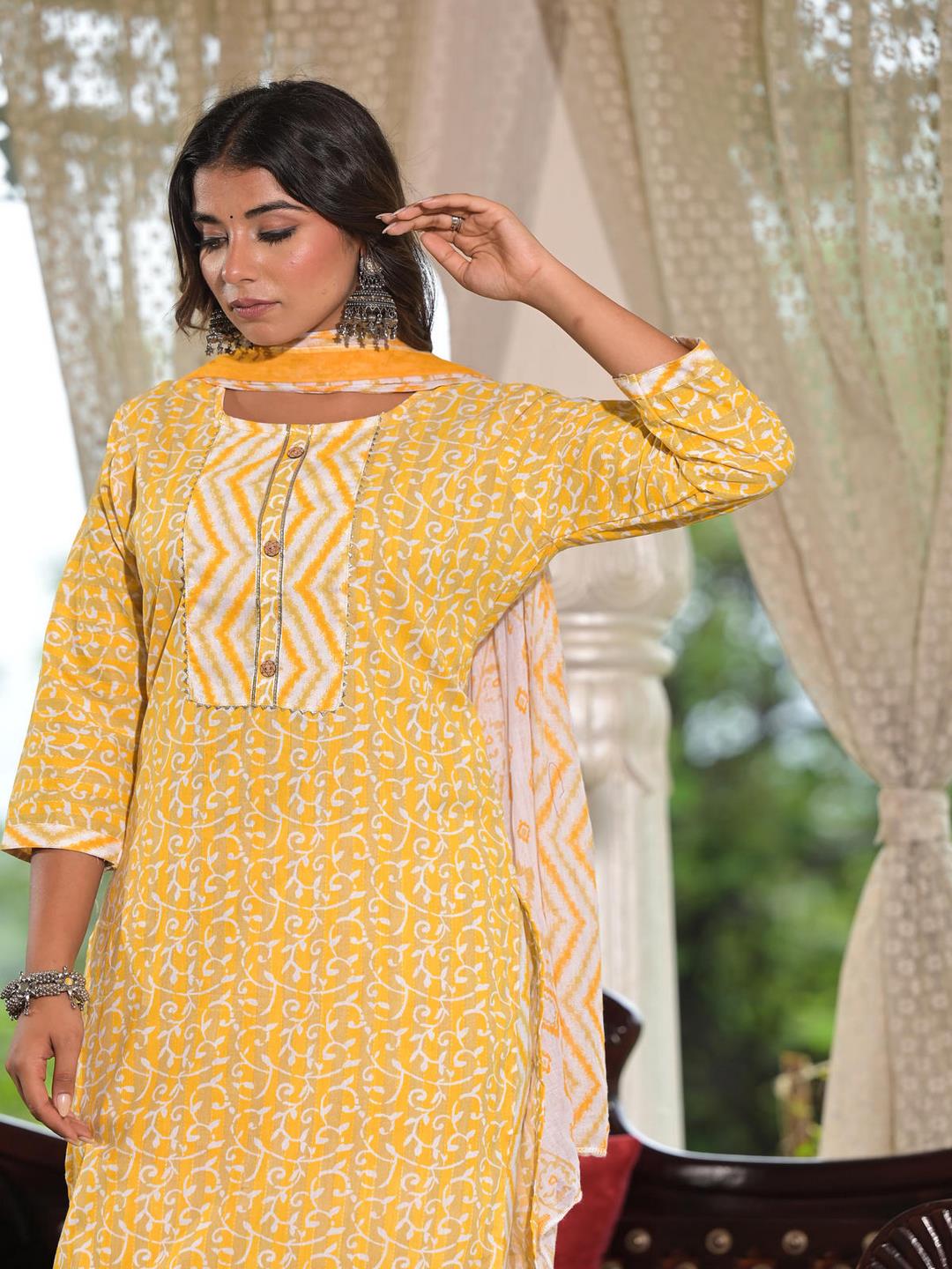 Mustard Ethnic Motif Printed Cotton Kurta, Pant And Dupatta Set With Lace & Buttons - Image 4