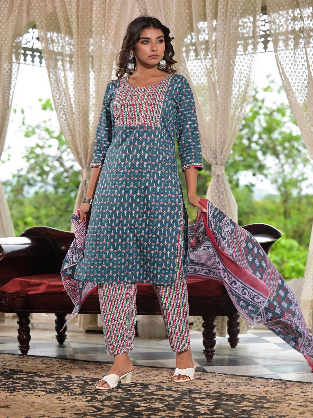 Teal Blue Ethnic Motif Printed Cotton Kurta, Pant And Dupatta Set With Zari & Thread Work - Image 5