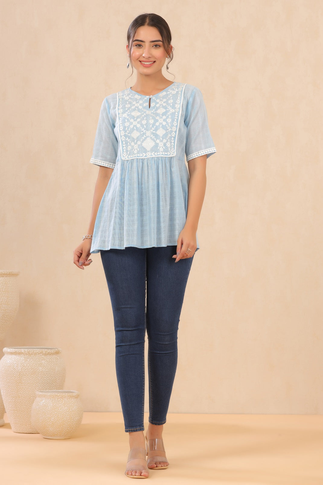 Skyblue Cotton Dobby Embroidered A-Line Tunic - Image 2
