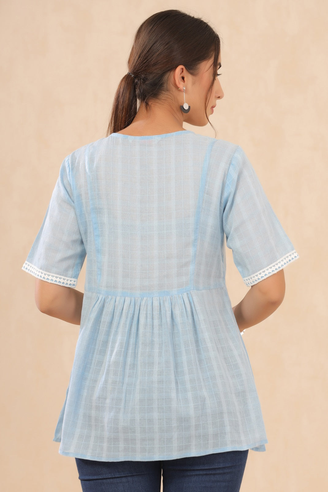 Skyblue Cotton Dobby Embroidered A-Line Tunic - Image 3