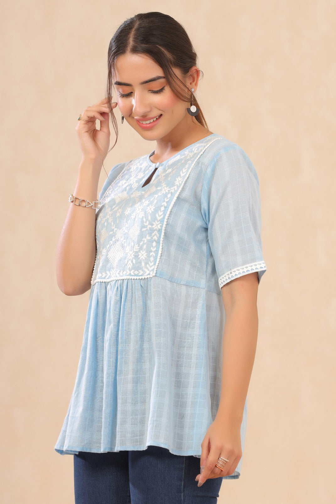 Skyblue Cotton Dobby Embroidered A-Line Tunic - Image 4