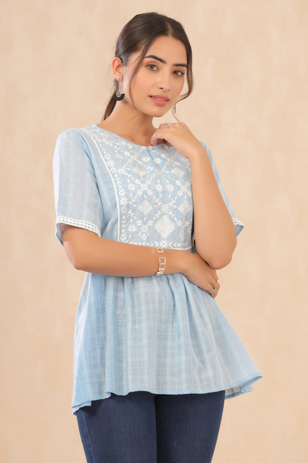 Skyblue Cotton Dobby Embroidered A-Line Tunic - Image 5