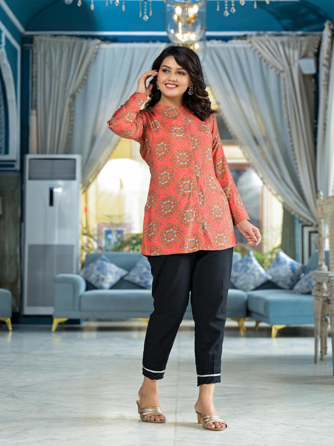 Orange Ethnic Motif Printed Viscose Tunic With Buttons Detailing - Image 4