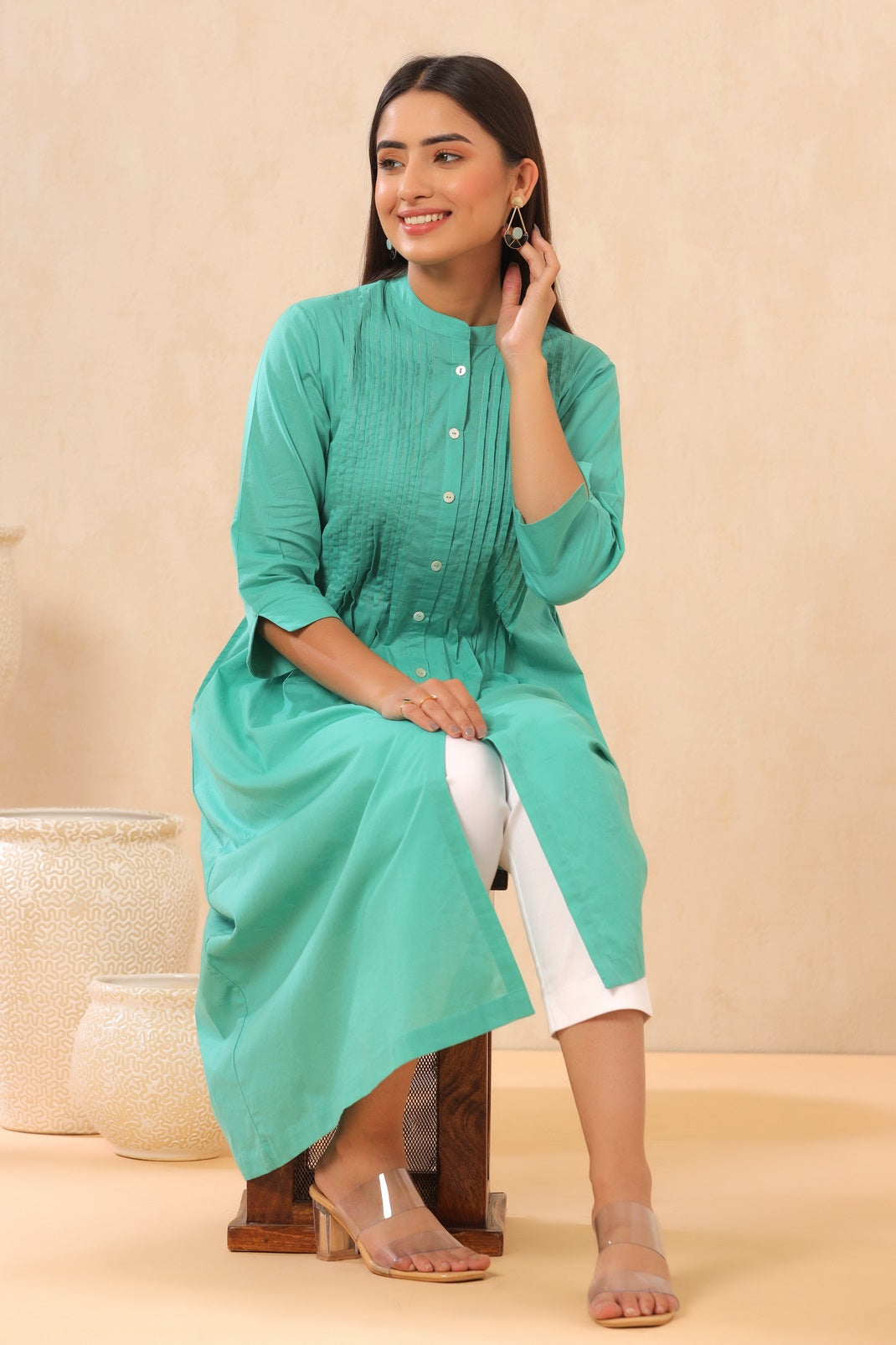 Turquoise Cambric Solid A-Line Kurta - Image 2