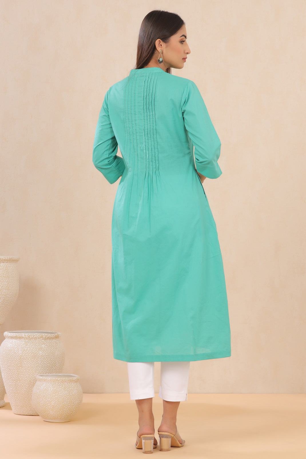 Turquoise Cambric Solid A-Line Kurta - Image 3