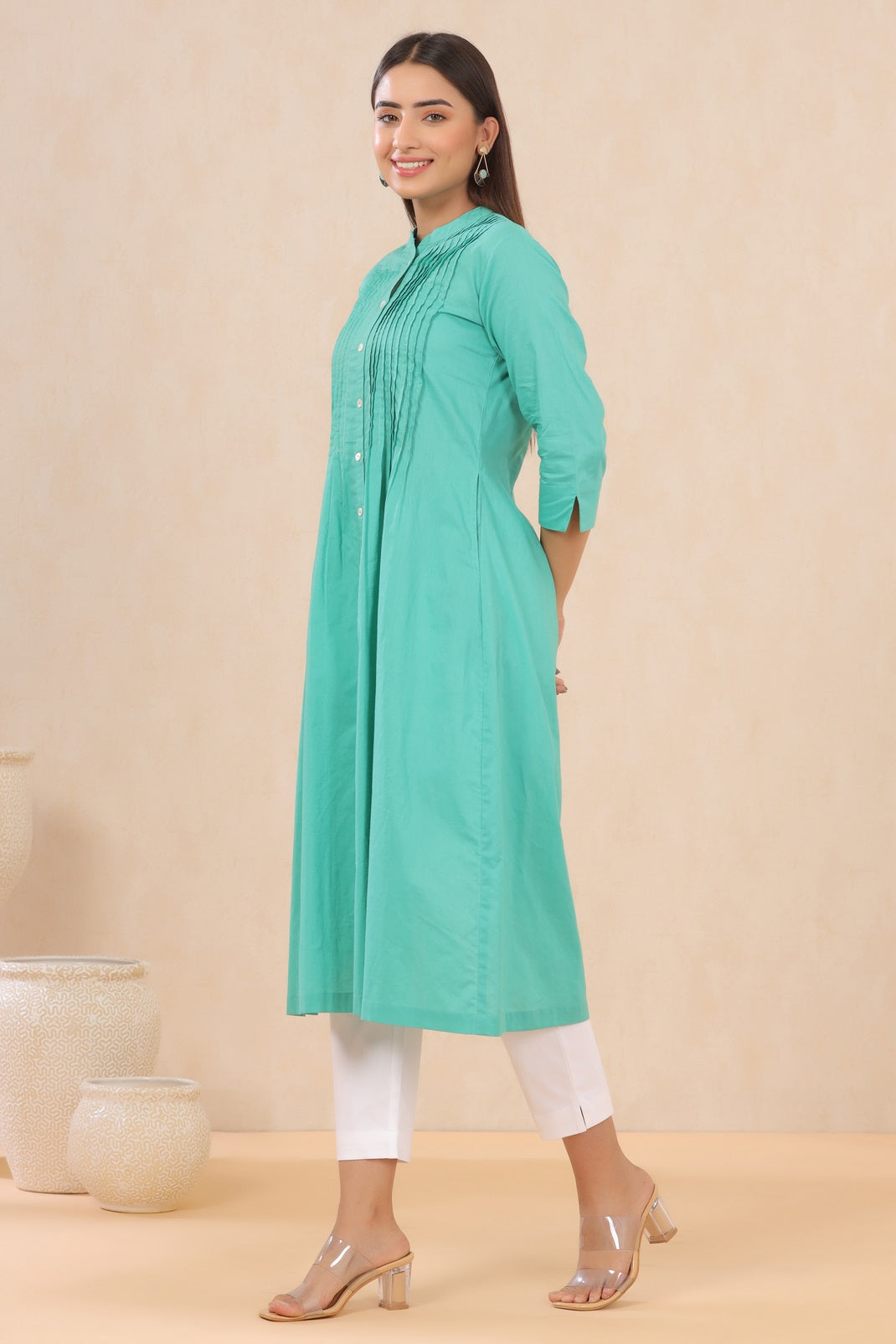 Turquoise Cambric Solid A-Line Kurta - Image 4