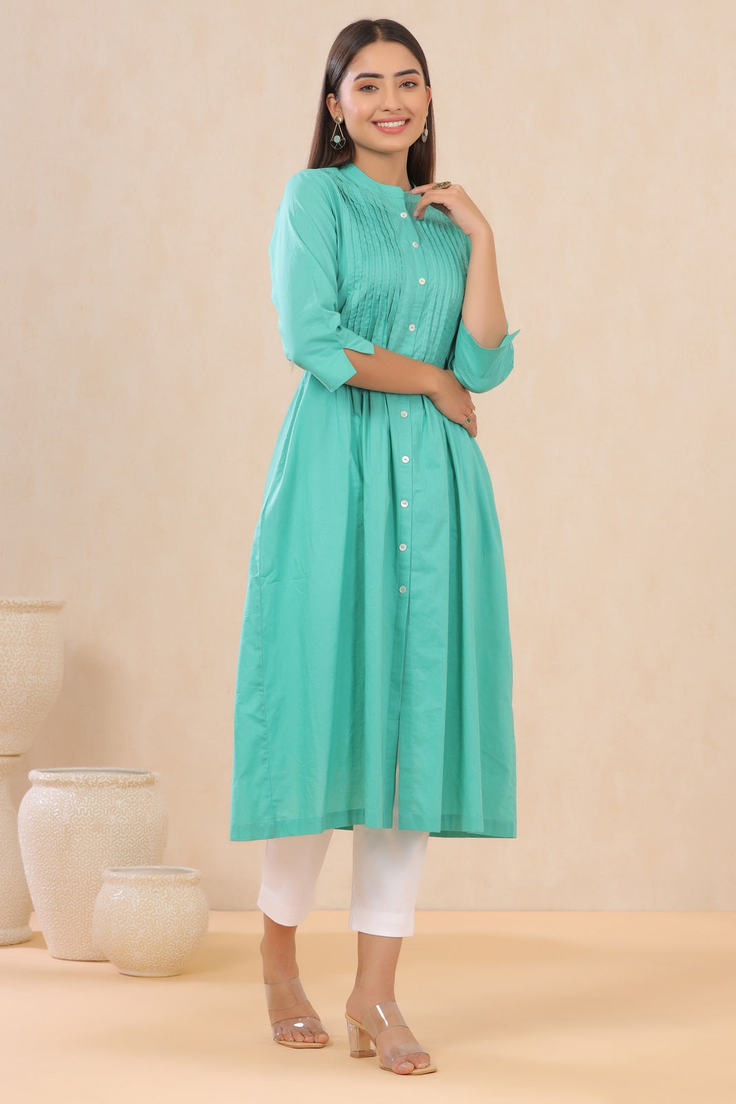 Turquoise Cambric Solid A-Line Kurta - Image 5