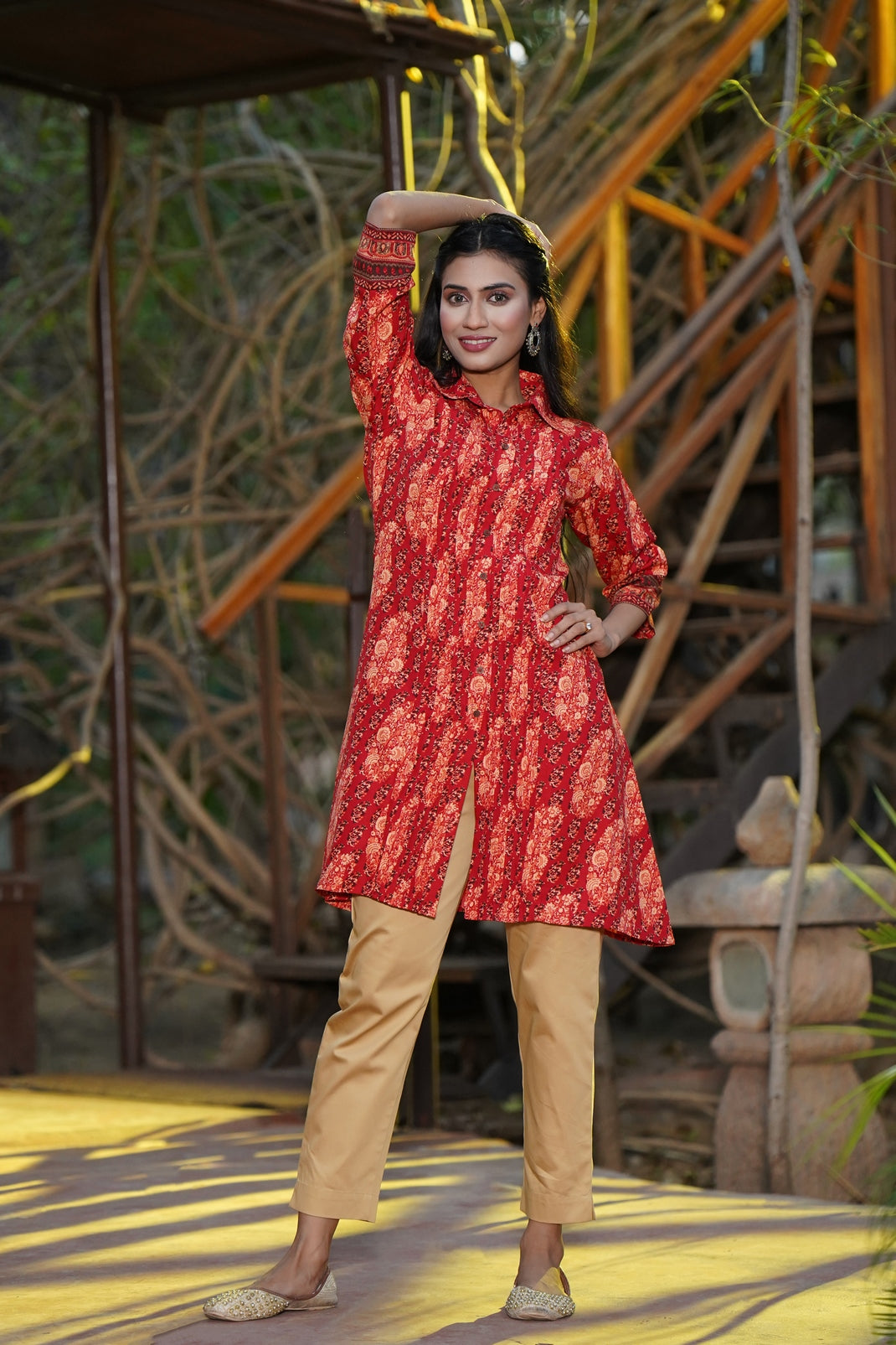 Red Poly Rayon Printed A-Line Kurta - Image 2